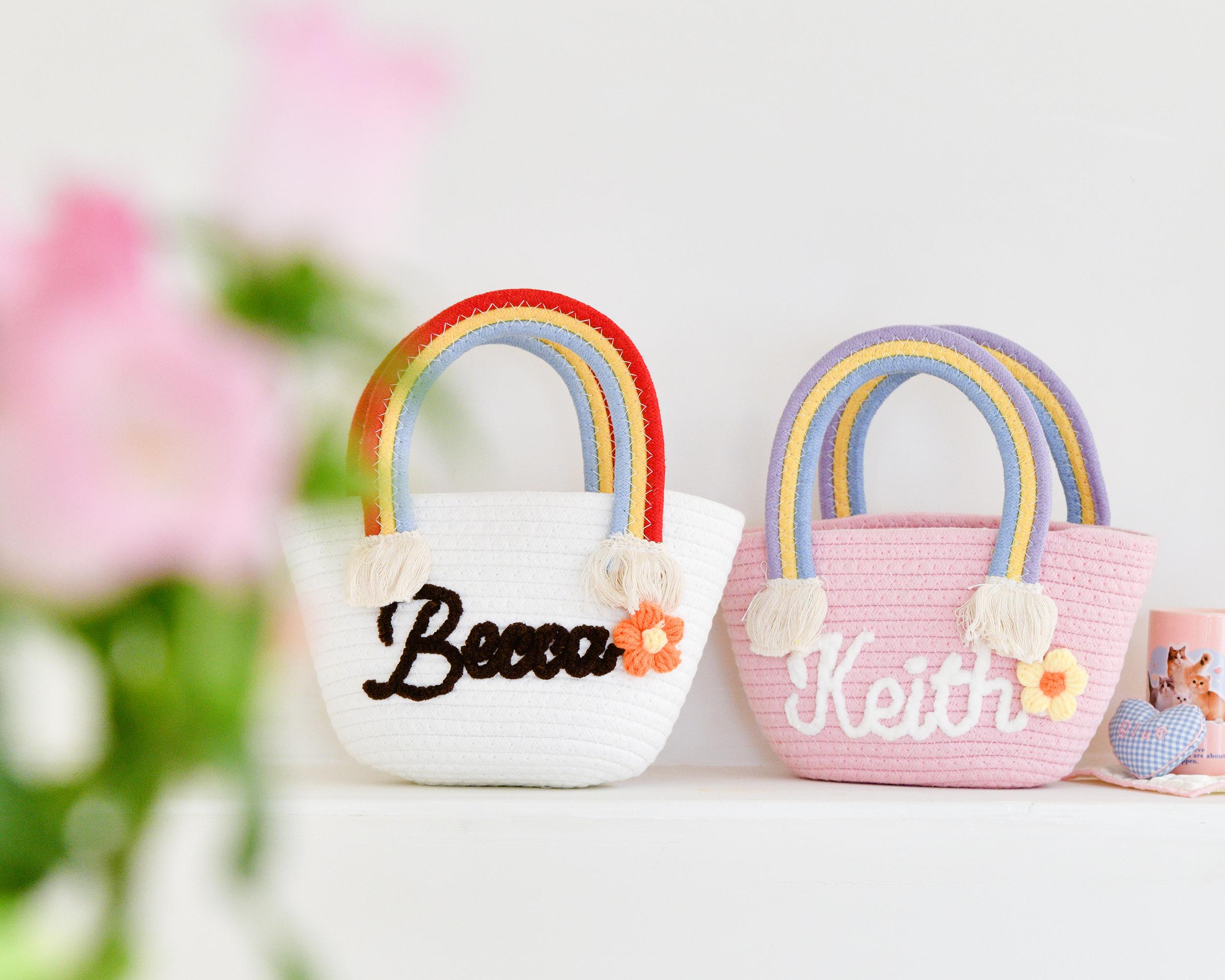 Custom Rainbow Embroidered Gift Basket, Personalized Bohemian Handle ...