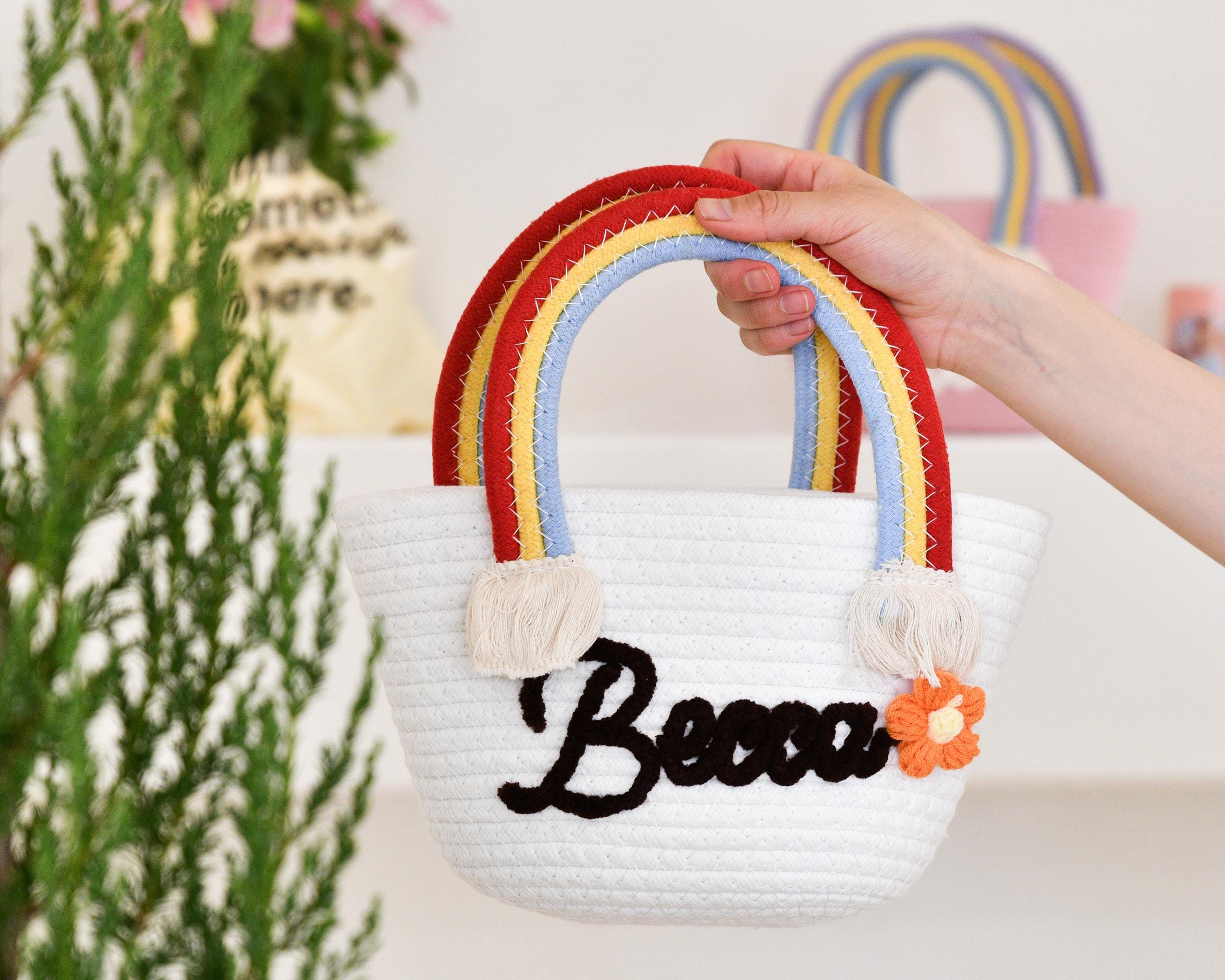 Custom Rainbow Embroidered Gift Basket, Personalized Bohemian Handle ...