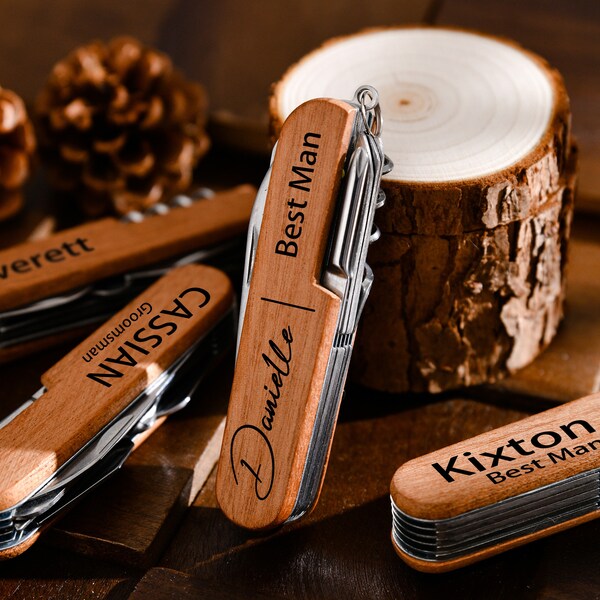 Couteau suisse personnalisé, à emporter tous les jours, indispensables pour une nouvelle maison, cadeau de mariage personnalisé, porte-clés, cadeau d'extérieur, bois gravé