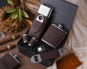 Gepersonaliseerde PU-leren sigarendoos, op maat gemaakte geschenkdoos voor heren, cadeaus voor bruidsjonkers, sigarenkistje en flessenset, cadeaus voor sigarenliefhebbers, vaderdagcadeaus