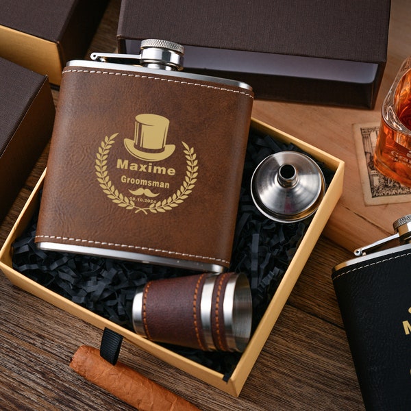 Customized Engraved Leather Flask Set - Perfect Groomsmen Gift for Dapper Men - Personalized Hip Flask - Father's Day Gift Flask