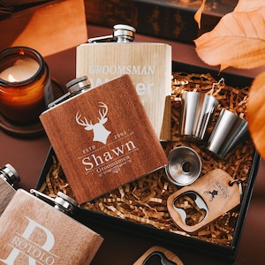 Juego de frasco y abrebotellas de cuero grabado personalizado, juego de frascos personalizado para padrinos de boda, regalo personalizado para novio o esposo.