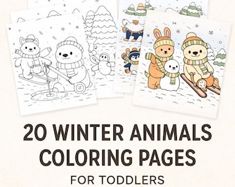 May include: A stack of coloring pages featuring winter animals. The illustrations include a fox, polar bear, penguin, and rabbit, all wearing winter accessories. The text reads "20 WINTER ANIMALS COLORING PAGES FOR TODDLERS digital download."