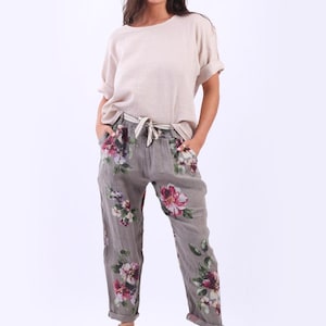 Floral Print Linen Relaxed Fit Women Trouser With Turn Up Hem And Waist Belt