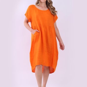 Women Oversized Linen Front Pockets Lagenlook Quirky Dress With Pleated Waist