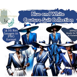 14 PNG Women Wearing Blue and White Suits | Black Girl Clipart Bundle | Sorority Women PNG | Black Women Clipart | Black Wall Art | Digital