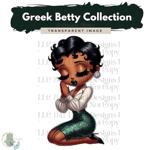 Könnte beinhalten: Eine digitale Illustration einer Comic-Frau mit dunkler Haut, die ein weißes Oberteil und einen grünen Paillettenrock trägt. Sie kniet mit gefalteten Händen zum Gebet.