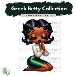 Könnte beinhalten: Eine digitale Illustration einer Comic-Frau mit dunkler Haut, die ein weißes Oberteil und einen grün glitzernden Rock trägt. Sie kniet mit gefalteten Händen zum Gebet.