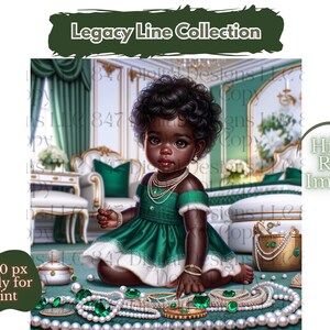 Puede incluir: Una niña pequeña con piel oscura y cabello negro rizado lleva un vestido verde y un collar de perlas. Está rodeada de collares de perlas y esmeraldas verdes y una pequeña caja dorada con tapa de perla. El fondo es una habitación lujosa con acentos verdes y dorados.