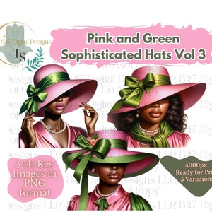 5 PNG Women Wearing Pink and Green Hats | Black Girl Clipart Bundle | Sorority Women PNG | Black Women Clipart | Black Wall Art | Digital