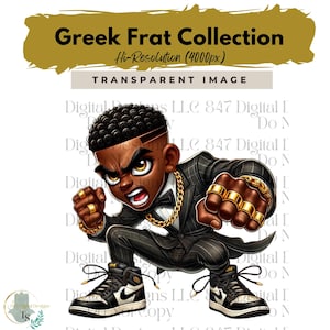 Fraternity Stroll Chibi Guy | Fraternity Men PNG | Black and Gold Suit | Black Men Clipart | Men In Suits | Business Men | Fashion Men