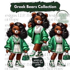 Op de afbeelding: Drie bruine teddyberen die groene en witte outfits dragen met handtassen. De beren hebben zwart krullend haar en staan op een witte achtergrond. De tekst "Greek Bears Collection" staat bovenaan de afbeelding.