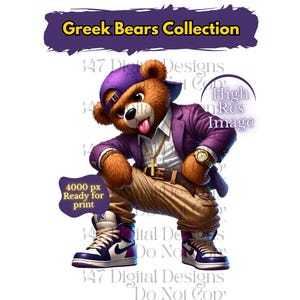 Oso de peluche griego / Oso de peluche HipHop PNG / Oso morado y dorado / Oso urbano / Oso de diseño de dibujos animados / Fraternidad Omega Que 1911 / The Bruhz