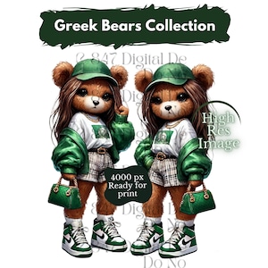 Peut inclure: Deux ours en peluche bruns portant des tenues vertes et blanches, des chapeaux verts et des baskets vertes. Les ours sont debout sur un fond blanc. Le texte "Greek Bears Collection" est en haut de l'image. Le texte "4000 px Ready for print" est au milieu de l'image. Le texte "High Res Image" est à droite de l'image.