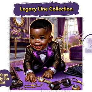 May include: A young boy in a gold and purple tuxedo with a bow tie is crawling on a purple rug. He is looking at a gold watch on the rug. The rug is surrounded by other items, including a pair of sunglasses, a gold chain, and a compass.