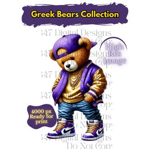 Oso de peluche griego / Oso de peluche HipHop PNG / Oso morado y dorado / Oso urbano / Oso de diseño de dibujos animados / Fraternidad Omega Que 1911 / The Bruhz
