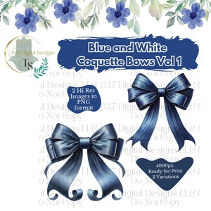 Puede incluir: Dos lazos de acuarela azul y blanco con acabado satinado. Los lazos están atados en un estilo clásico y están listos para imprimir en una resolución de 4000px.