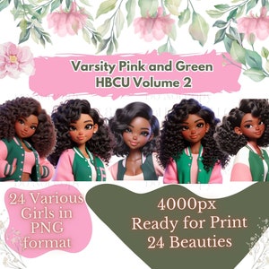 24 PNG Chibi Dolls Wearing Pink & Green Varsity Jackets Vol 2 | HBCU PNG | Black Girl Clipart Bundle | College Girl Clipart | Student Clipar