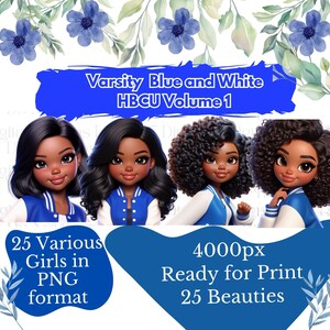 25 PNG Chibi Dolls Wearing Blue & White Varsity Jackets Vol 1 | HBCU PNG | Black Girl Clipart Bundle | College Girl Clipart | Student Clipar