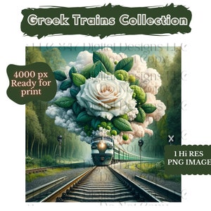 Könnte beinhalten: Eine digitale Illustration eines Zuges, der aus einer Dampfwolke in Form einer weißen Rose mit grünen Blättern aufsteigt. Der Zug befindet sich auf einem Gleis in einer Waldlandschaft. Der Text "Greek Trains Collection" und "4000 px Ready for print" ist auf dem Bild zu sehen.