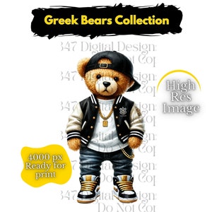May include: A brown teddy bear wearing a black and white varsity jacket, a white t-shirt, blue jeans, a gold chain, and a black baseball cap. The bear is wearing black and gold trainers. The image text reads "Greek Bears Collection".