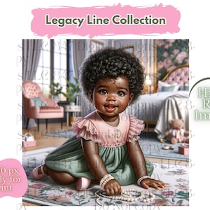 1 PNG Art Printable | Nursery Printable | Baby Girl Wearing Pink & Green | African American Baby PNG | Cute Black Girl Art | Black Wall Art