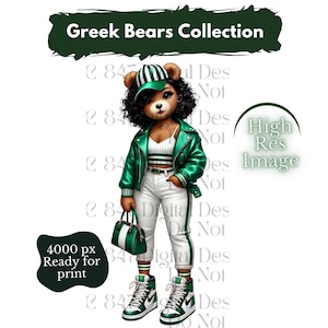 Op de afbeelding: Een cartoonbeer die een groen leren jack, een witte broek met groene strepen, een witte en groene baseballpet en witte sneakers draagt. De beer houdt een groen-witte handtas vast. De afbeelding is gelabeld met "Greek Bears Collection" en "High Res Image".