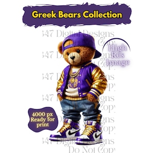 Oso de peluche griego / Oso de peluche HipHop PNG / Oso morado y dorado / Oso urbano / Oso de diseño de dibujos animados / Fraternidad Omega Que 1911 / The Bruhz