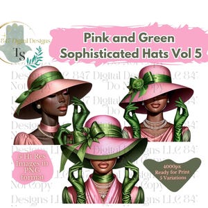 5 PNG Women Wearing Pink and Green Hats | Black Girl Clipart Bundle | Sorority Women PNG | Black Women Clipart | Sorority Clipart | HBCU Art