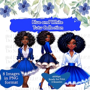 8 PNG Women Wearing Blue and White Tutus | Black Girl Clipart Bundle | Sorority Women PNG | Black Women Clipart | Black Wall Art | Digital