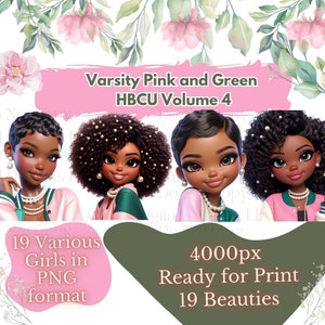 19 PNG Chibi Dolls Wearing Pink & Green Varsity Jackets Vol 4 | HBCU PNG | Black Girl Clipart Bundle | College Girl Clipart | Student Clipar
