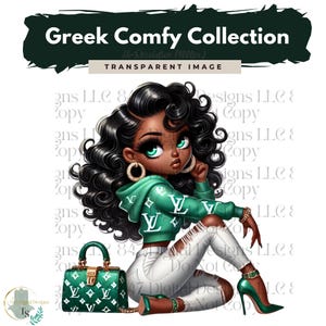 May include: A cartoon illustration of a woman with long black hair wearing a green and white hoodie with a large white letter "Y" on the front. She is wearing white jeans with rips in the knees and green and white high heels. She is holding a green and white handbag with a large white letter "Y" on the front. The background is white.