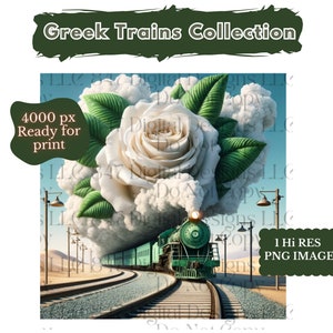 Op de afbeelding: Een groene stoomtrein komt tevoorschijn uit een wolk van witte rook die de vorm heeft van een witte roos met groene bladeren. De trein bevindt zich op een spoor in een woestijnlandschap. De tekst "Greek Trains Collection" staat bovenaan de afbeelding. De tekst "4000 px Ready for print" staat in een bruine rechthoek linksonder in de afbeelding. De tekst "1 Hi RES PNG IMAGE" staat in een groene rechthoek rechtsonder in de afbeelding.