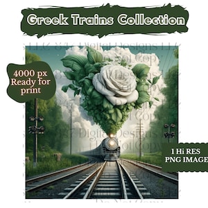 Peut inclure: Une illustration numérique d'un train émergeant d'un nuage de vapeur en forme de rose blanche avec des feuilles vertes. Le train est sur une voie ferrée dans un décor de forêt. Le texte "Greek Trains Collection" est en haut de l'image. Le texte "4000 px Ready for print" est en bas à gauche. Le texte "1 Hi RES PNG IMAGE" est en bas à droite.