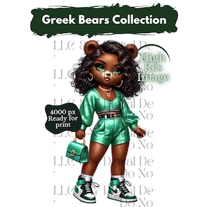 Op de afbeelding: Een cartoonillustratie van een bruine beer die een groene outfit en sneakers draagt. De beer houdt een groene handtas vast. De afbeelding bevat de tekst "Greek Bears Collection" en "4000 px Ready for print".