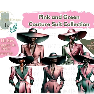 7 PNG Women Wearing Pink and Green Suits | Black Girl Clipart Bundle | Sorority Women PNG | Black Women Clipart | Black Wall Art | Digital