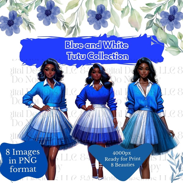 8 PNG Women Wearing Blue and White Tutus | Black Girl Clipart Bundle | Sorority Women PNG | Black Women Clipart | Black Wall Art | Digital