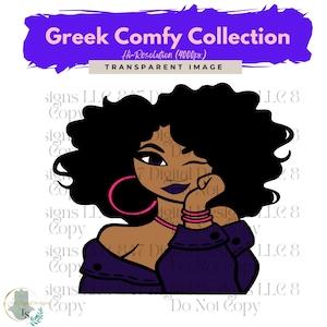 Peut inclure: Illustration numérique d'une femme à la peau brune foncée, portant une veste violette, des boucles d'oreilles roses et un bracelet rose. Elle a de longs cheveux bouclés foncés et fait un clin d'œil. L'arrière-plan est blanc.