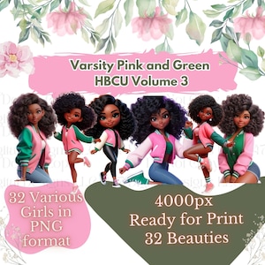32 PNG Chibi Dolls Wearing Pink & Green Varsity Jackets Vol 3 | HBCU PNG | Black Girl Clipart Bundle | College Girl Clipart | Student Clipar