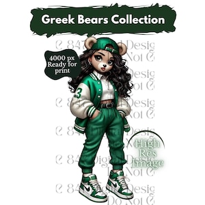 Op de afbeelding: Een cartoonillustratie van een beer die een groen-wit baseballjack, een groene broek en een groen-witte baseballpet draagt. De beer heeft bruine vacht, zwarte ogen en lang zwart haar. De afbeelding is 4000 pixels groot en klaar om te printen.