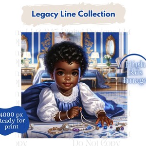 1 PNG Art Printable | Nursery Printable PNG | Baby Girl Wearing Blue and White | African American Baby PNG | Black Girl Art | Black Wall Art