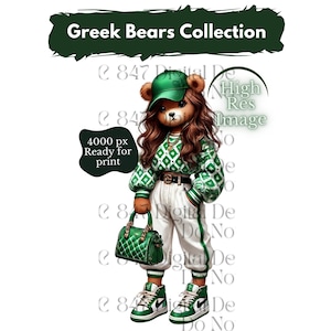 May include: A green and white patterned sweater with a green baseball cap, white pants, and green sneakers. The bear is holding a green handbag. The text "Greek Bears Collection" is at the top of the image.