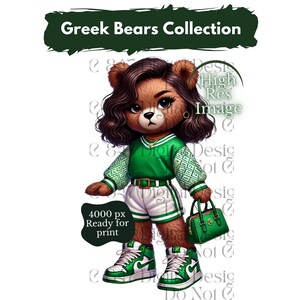 Peut inclure: Un ours en peluche de dessin animé portant une tenue à motifs verts et blancs, des baskets vertes et portant un sac à main vert. L'ours a une fourrure brune, de longs cheveux bruns et une ceinture verte. Le texte de l'image indique "Greek Bears Collection" et "4000 px Ready for print".