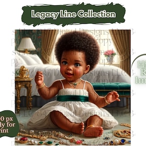 Op de afbeelding: Illustratie van een baby in een witte jurk met een groene sjerp en sieraden. De baby is omringd door sieraden. De tekst "Legacy Line Collection" staat bovenaan. De afbeelding is gelabeld met "4000 px Ready for print" en "High Res Image."