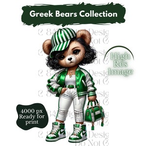 Könnte beinhalten: Ein Cartoon-Bär, der eine grün-weiß gestreifte Baseballkappe, eine grün-weiß gestreifte Jacke, eine weiße Hose und grün-weiße Turnschuhe trägt. Der Bär hält eine grüne Handtasche. Das Bild ist mit "Greek Bears Collection" und "High Res Image" beschriftet.