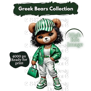 Peut inclure: Un ours en peluche de dessin animé portant une casquette de baseball à rayures vertes et blanches, une veste en cuir verte, un pantalon blanc à rayures vertes et des baskets vertes. L'ours tient un sac à main vert. L'image est intitulée "Greek Bears Collection" et "High Res Image".