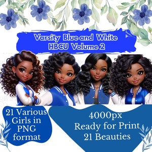 21 PNG Chibi-poppen met blauwe en witte Varsity-jassen Vol 2 | HBCU PNG | Zwart meisje clipart bundel | College meisje clipart | Student Clip