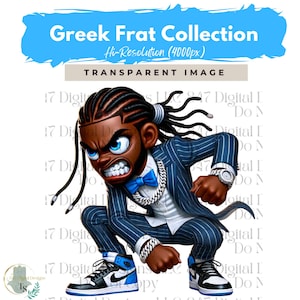 Fraternity Stroll Chibi Guy | Fraternity Men PNG | Blue White Black Suit | Black Men Clipart | Men In Suits | Business Men | Fashion Men PNG