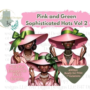 7 PNG Women Wearing Pink and Green Hats | Black Girl Clipart Bundle | Sorority Women PNG | Black Women Clipart | Black Wall Art | Digital