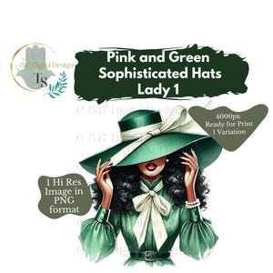 Pode incluir: Uma ilustração digital de uma mulher usando um chapéu verde com uma fita branca e um vestido verde. O texto "Pink and Green Sophisticated Hats Lady 1" está acima da imagem.